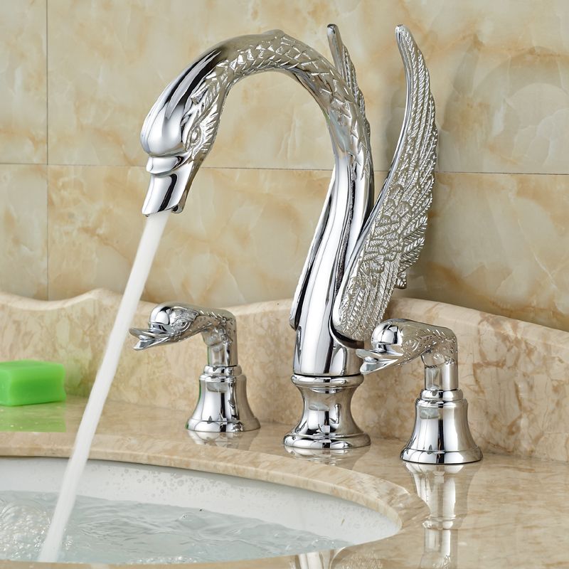 Luxury Swan Shape Dual Handle Brass Bath Sink Basin Mixer Faucet Deck Mount 3 Hole Mixers Taps