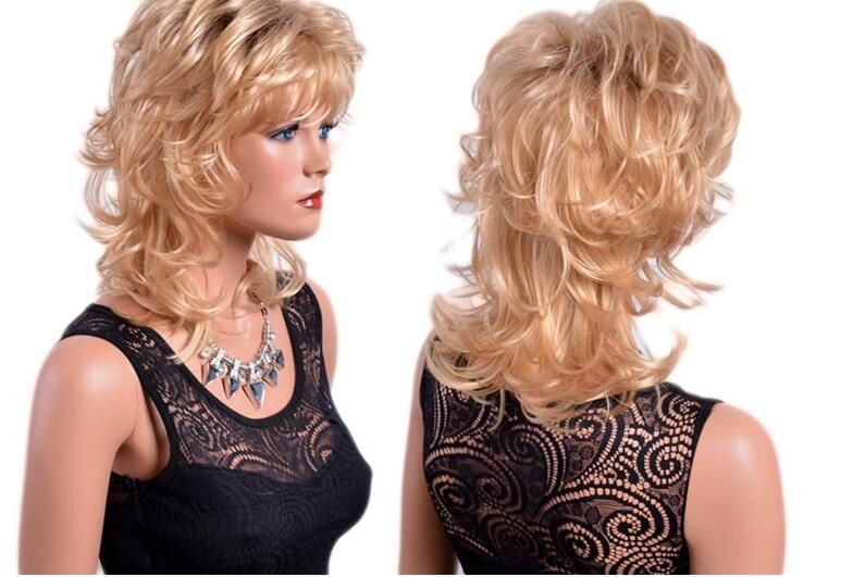 Xiu Zhi Mei Medium Length Blonde Curly Wigs With Bangs American