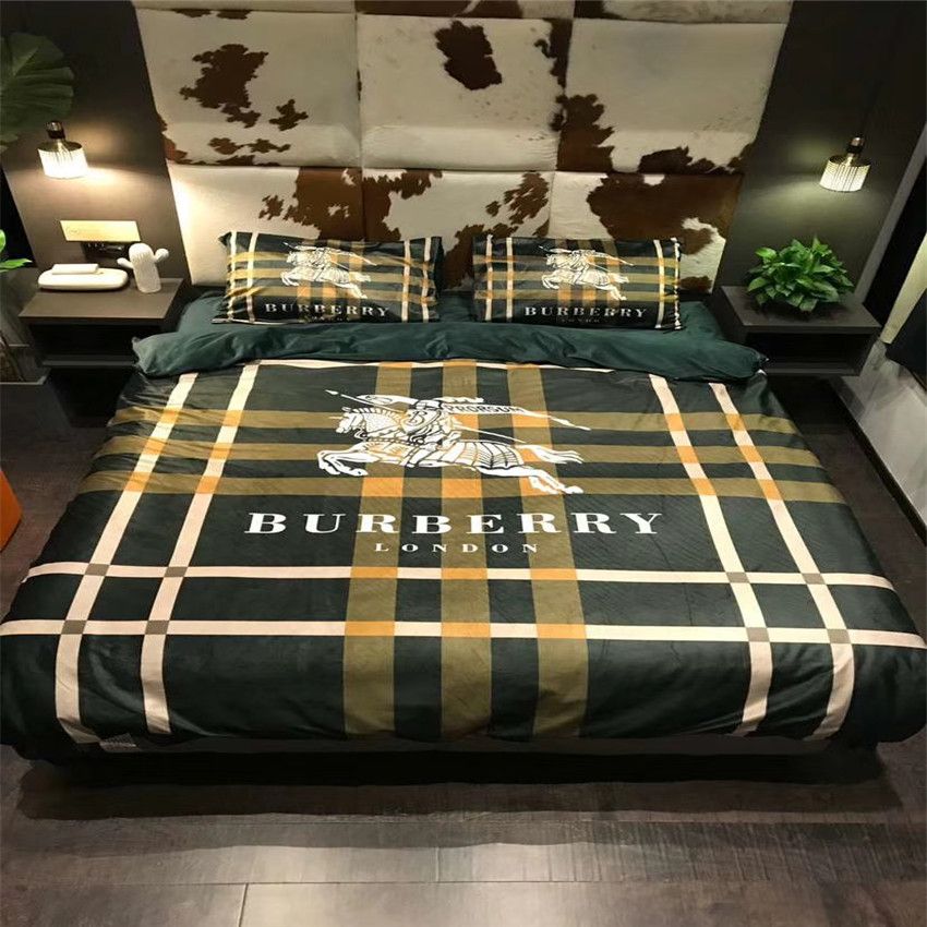 New Fashion Bu Letter Bedding Cover Grid Stripe Printed Sets New Fashion Bu Letter Bedding Cover Grid Stripe Printed 4pcs Sets Winter Green Queen Size