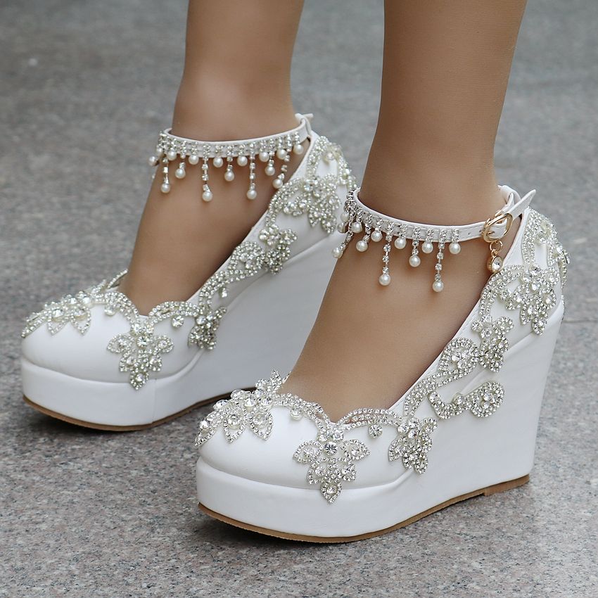 Bridal Shoes Wedding Wedge Heel Buckle Crystal High Heel Shoes ...