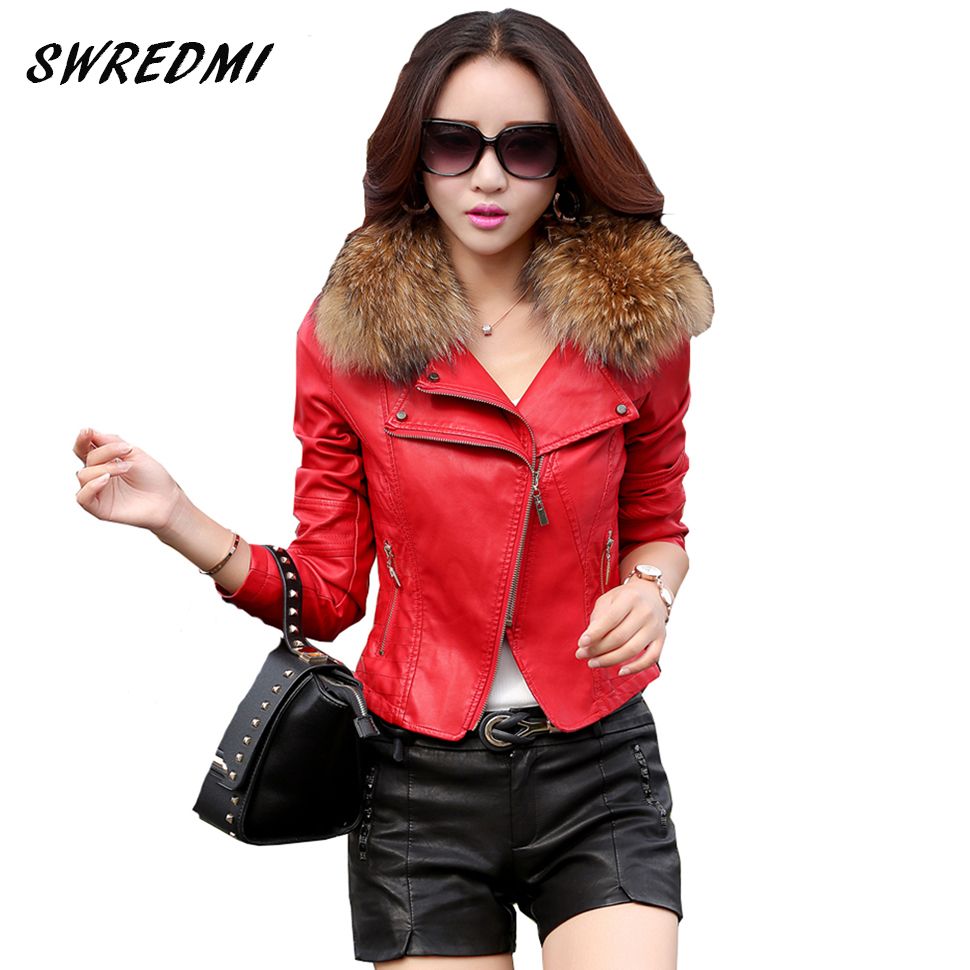 Whole Leather Jacket Women 2018 Spring Real Fur Collar Clothing Outerwear Jackets And Coats Las Red Coat Motorcycle