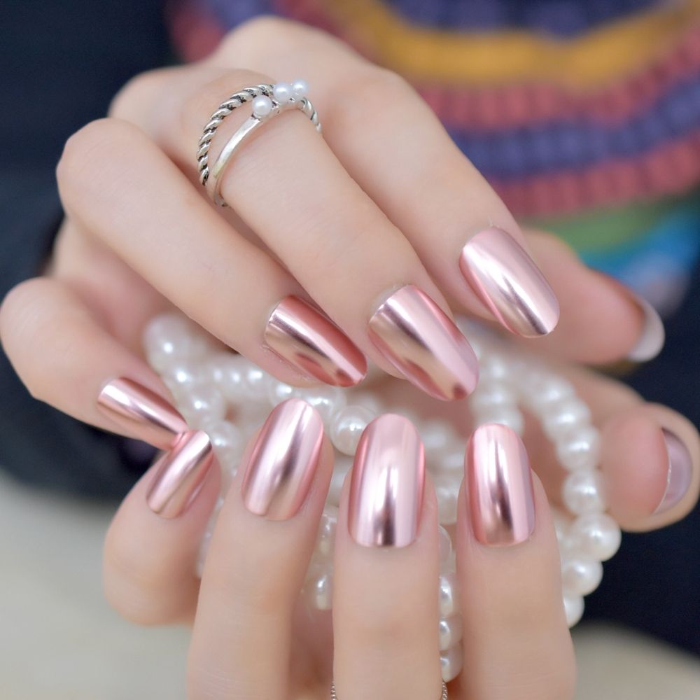 Matte Metal Nail Art Tips Light Pink Metallic Mirror Pre Designed Matte Metal Nail Art Tips Light Pink Metallic Mirror Pre Designed Fake Nails Fairy Oval Beautiful Shiny Ladies Nails Y18101003 Artificial Nails Design Nails ... - Matte Metal Nail Art Tips Light Pink Metallic Mirror Pre Designed