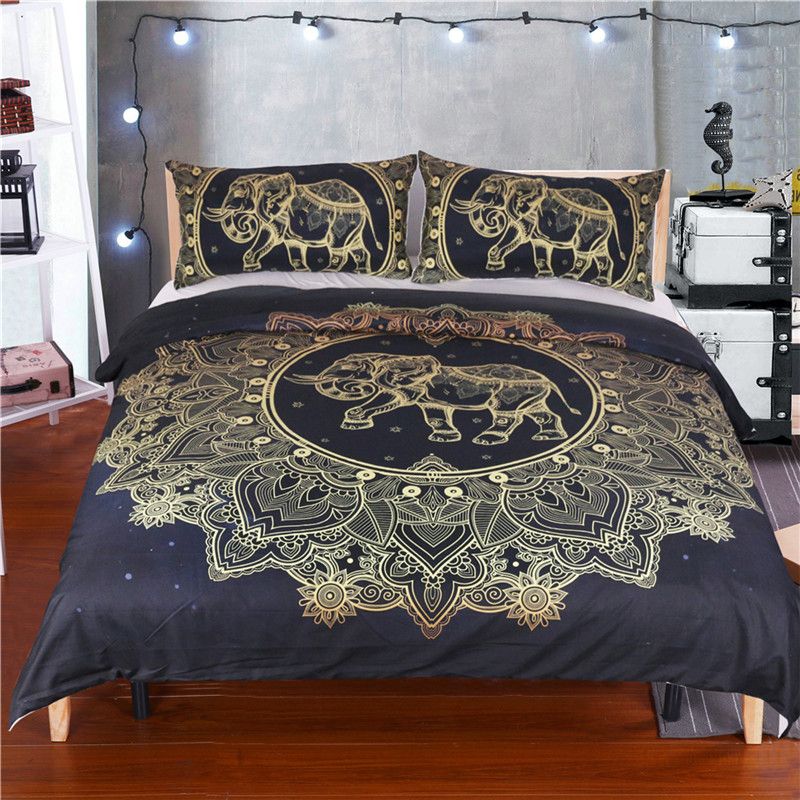 mandala elephant bed set duvet cover with pillowcase black golden bedding  set queen size boho quilt cover twin queen king size