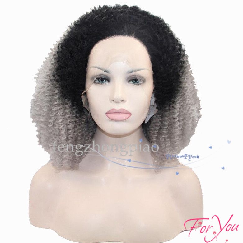 Us Glueless Short Ombre Grey Afro Kinky Curly Bob Lace Front Wig