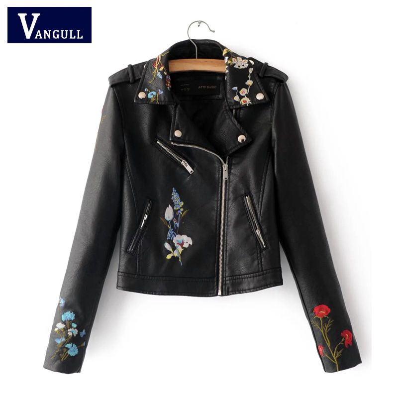 Fl Embroidery Leather Coat Women Pu Jacket 2019 New Spring Motorcycle Side Zip Fashion Cool Outwear