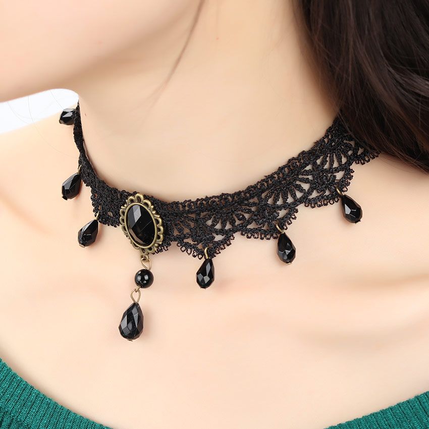 Ladies Black Bead Choker Necklace Fancy Dress Gothic Tattoo Women Jewellery UK