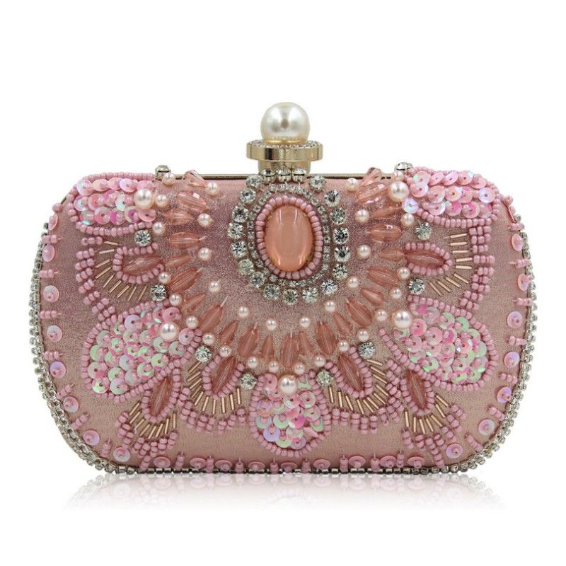 Hot Pink Beading Crystal Women Evening Purse Minaudiere Clutch Bag