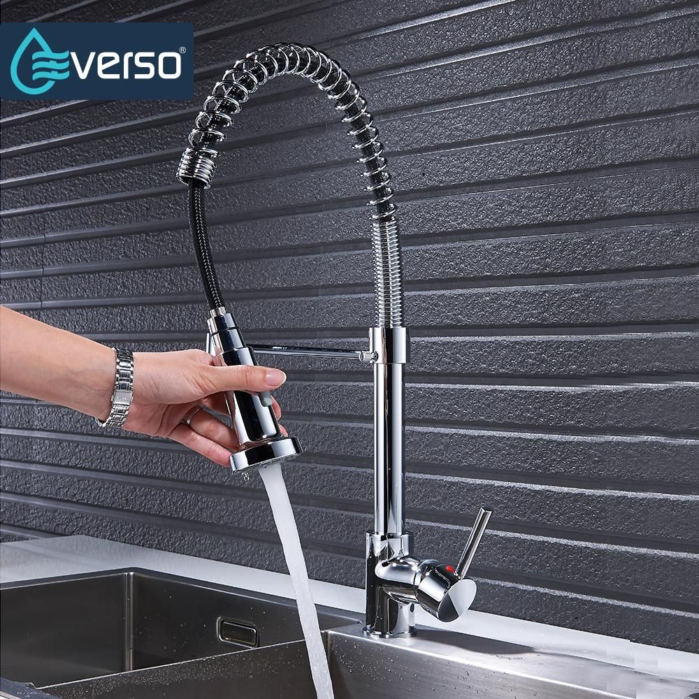 Everso Spring Style Kitchen Faucet Brushed Nickel Pull Out Torneira 360 Rotate Swivel 2 Function Water Mixer