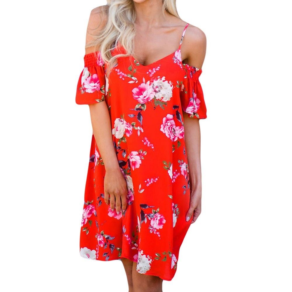 Robes D été 2018 Femmes Sexy Sur La Plage Robe été Loose Casual Print Spaghetti Strap Down Flounce Swing Midi Dress