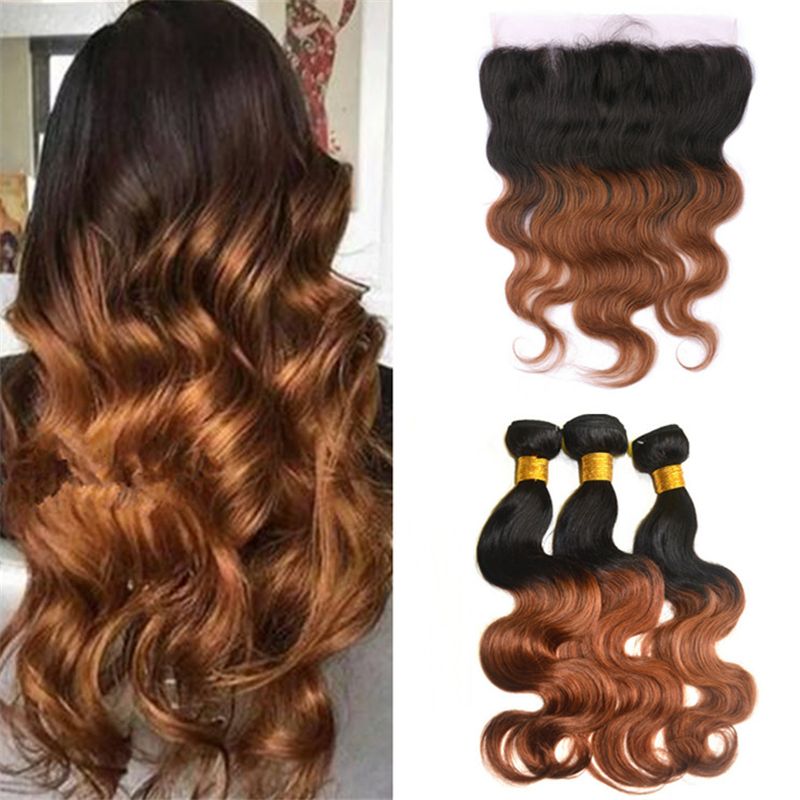 2019 Dark Roots Auburn Ombre Lace Frontal Closure With Bundles 2