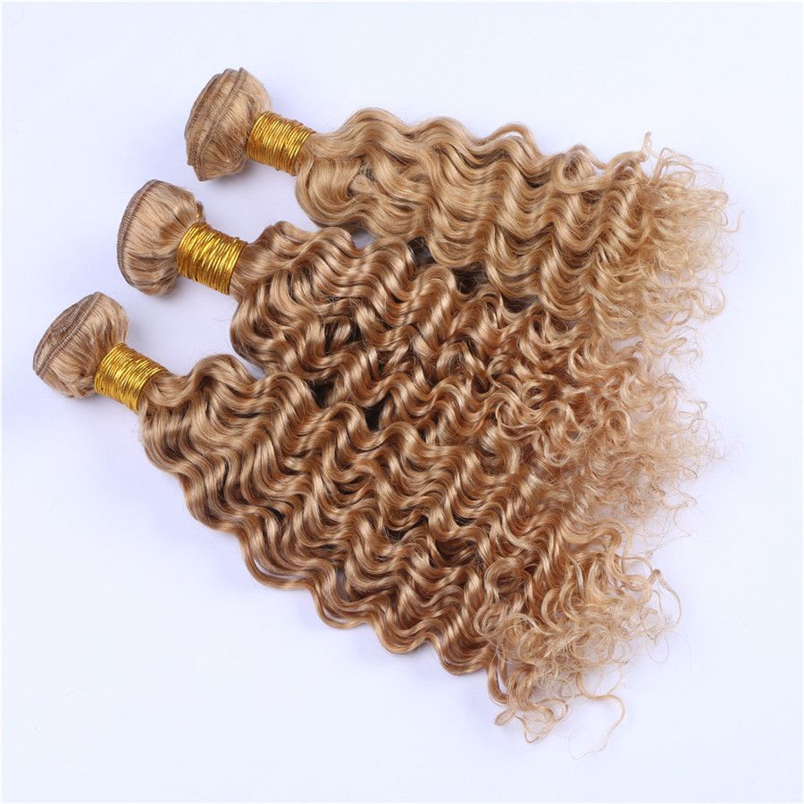 2019 Strawberry Blonde Human Hair Weaves 3 Bundles Deep Curly Hair