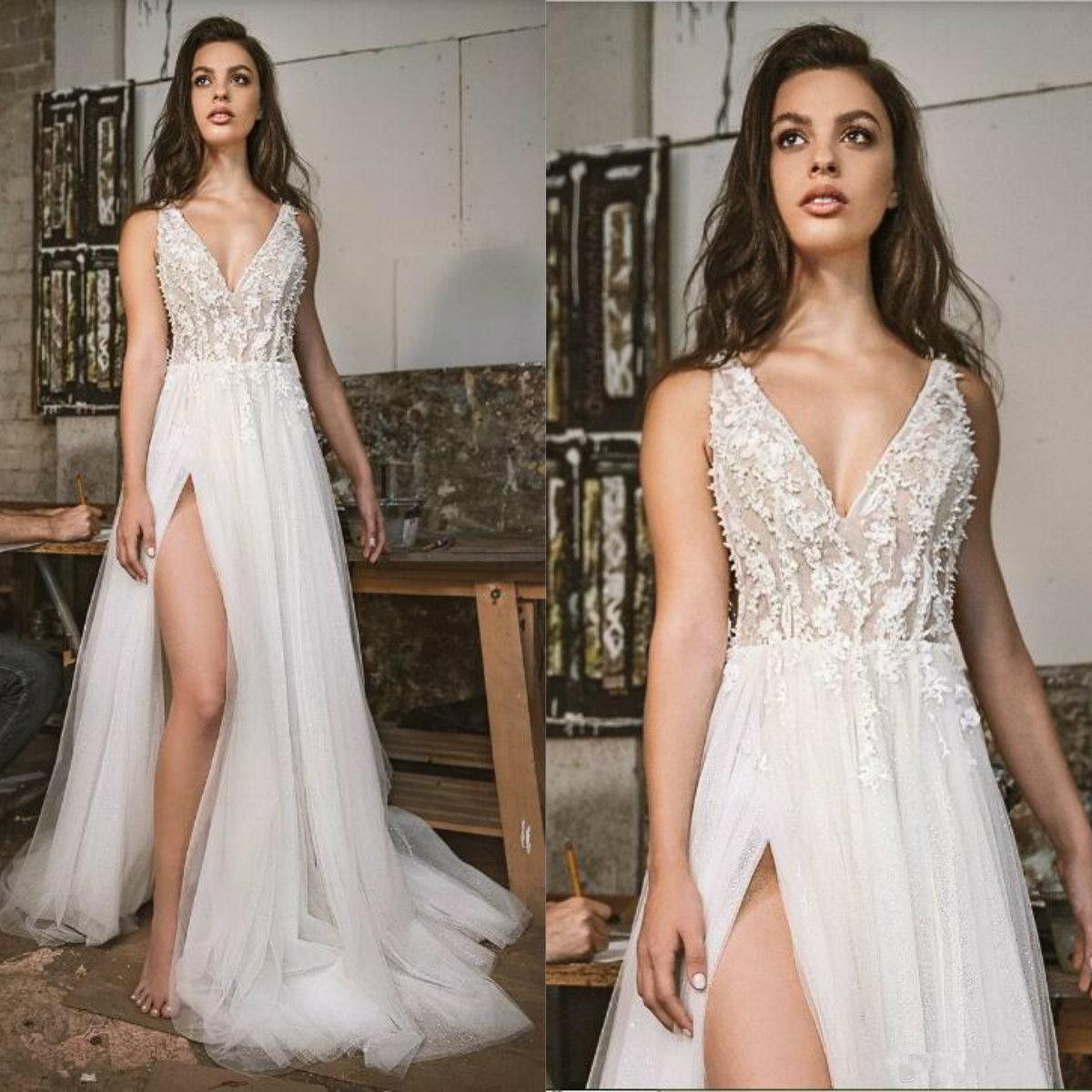 Discount 2019 Summer Beach Wedding Dresses A Line V Neck Lace