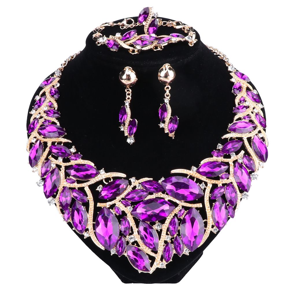 2021 New Fashion Purple Rhinestones Crystal Statement Necklace Bridal