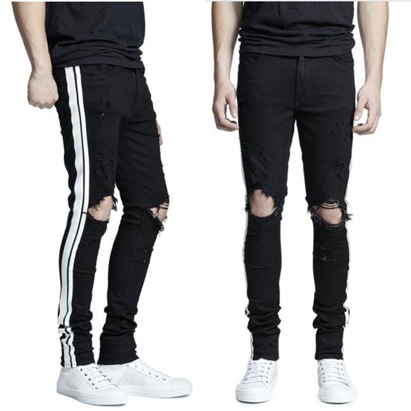 Acquistare Pantaloni Skinny Afflitti Da Uomo Pantaloni Skinny Jeans  Aderenti Neri A Banda Bianca Mix Slim Pantaloni Taglia 28 38 Economico |  Consegna Veloce E Qualità | It.Dhgate