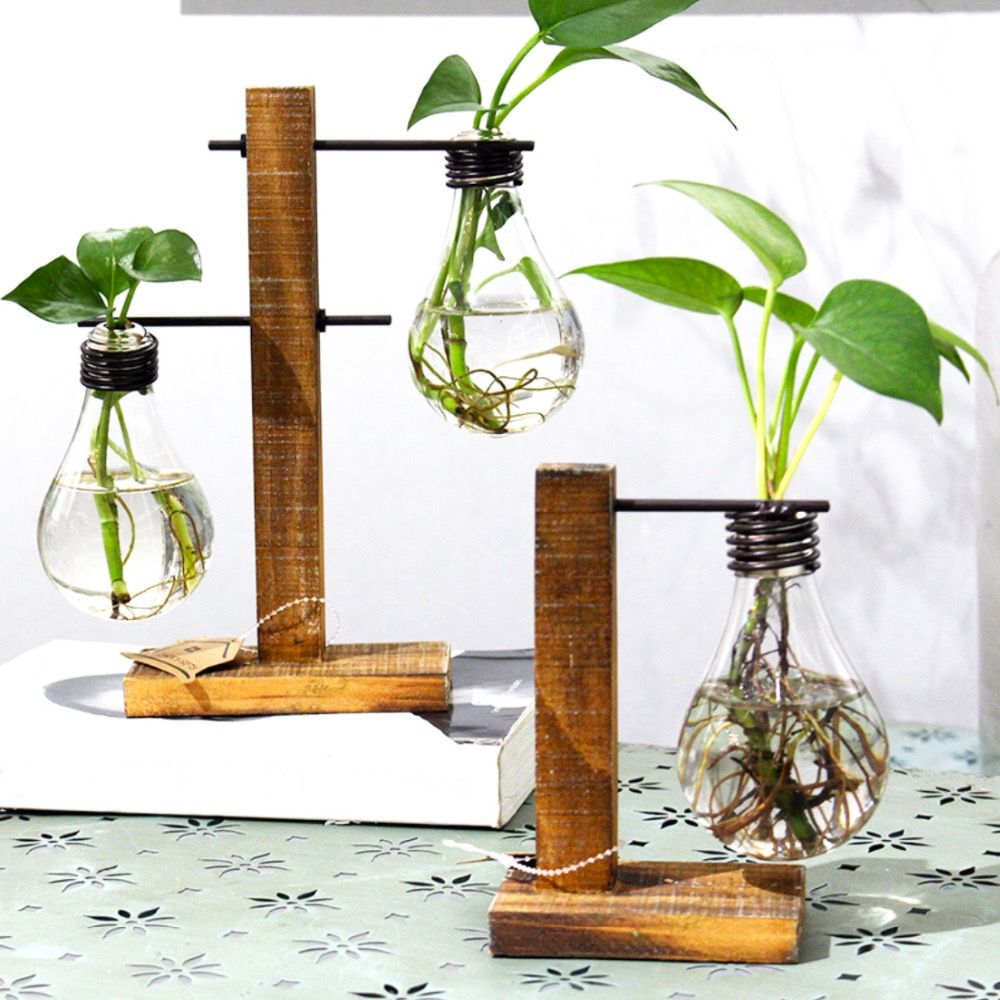 Vintage Style Glass Tabletop Plant Bonsai Flower Wedding Decorative Vintage Style Glass Tabletop Plant Bonsai Flower Wedding Decorative Vase With Wooden L T Shape Tray Home Decoration Accessories Vases Decor For