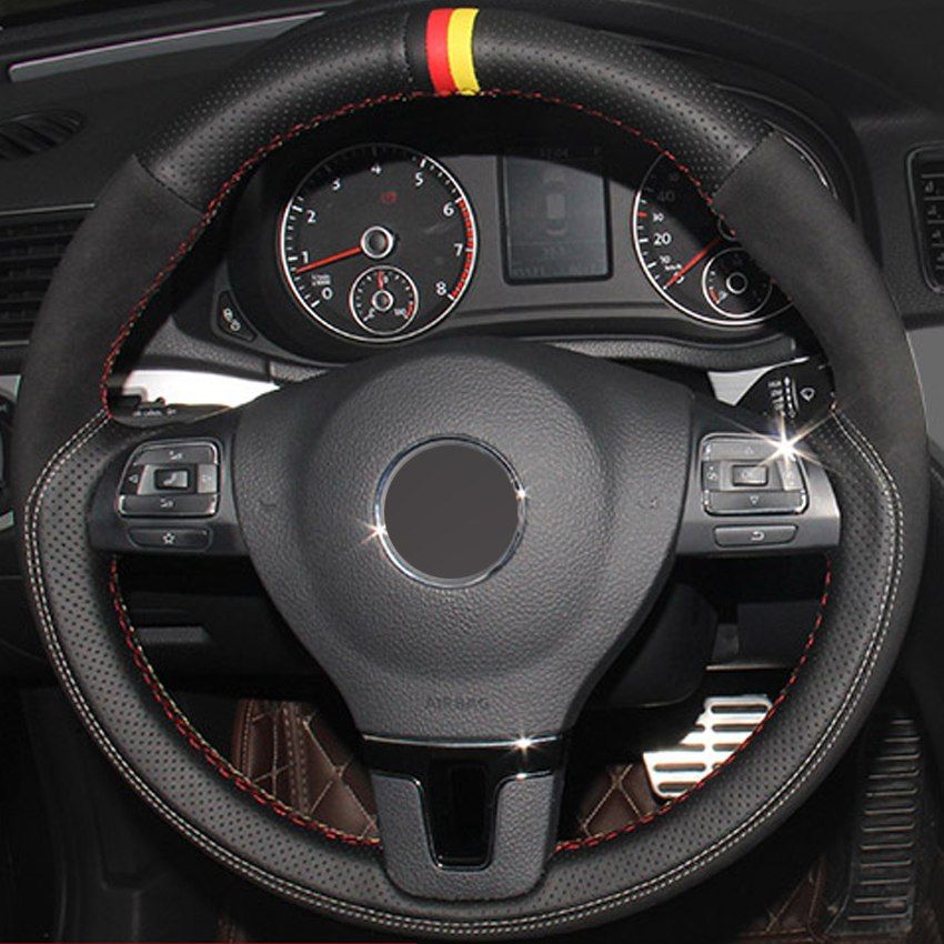 Black Genuine Leathe Suede Car Steering Wheel Cover For Volkswagen VW