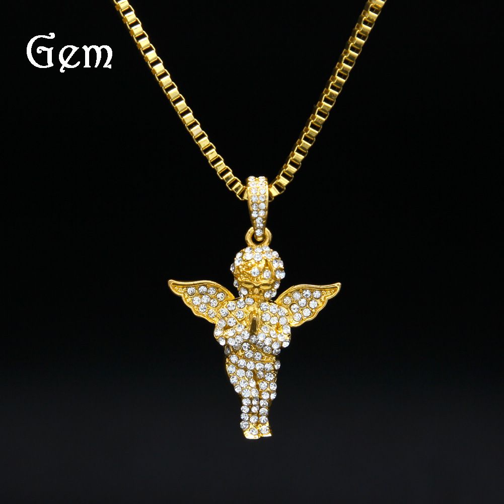 Whole Hip Hop Micro Angel Pendant Necklace High Quality Gold Whole Hip Hop Micro Angel Pendant Necklace High Quality Gold Tone Ice Out Crystal Baby Cherub Charm Silver Bracelets Chain From