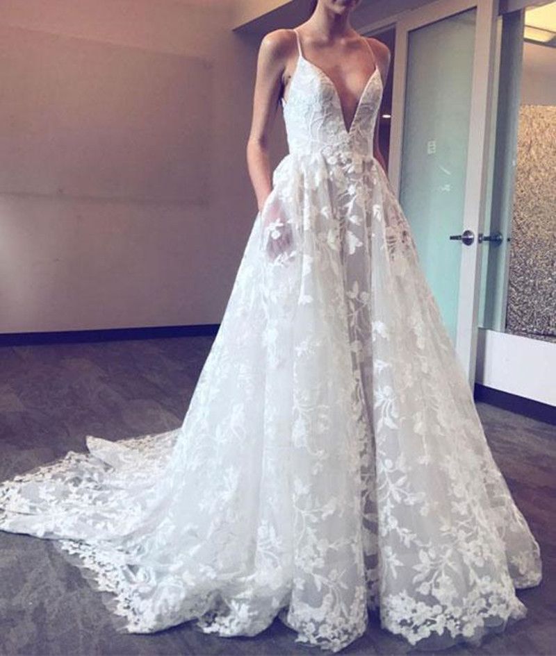 DiscountDeep V Neck Sexy Spaghetti Straps Lace Wedding Dress With ...