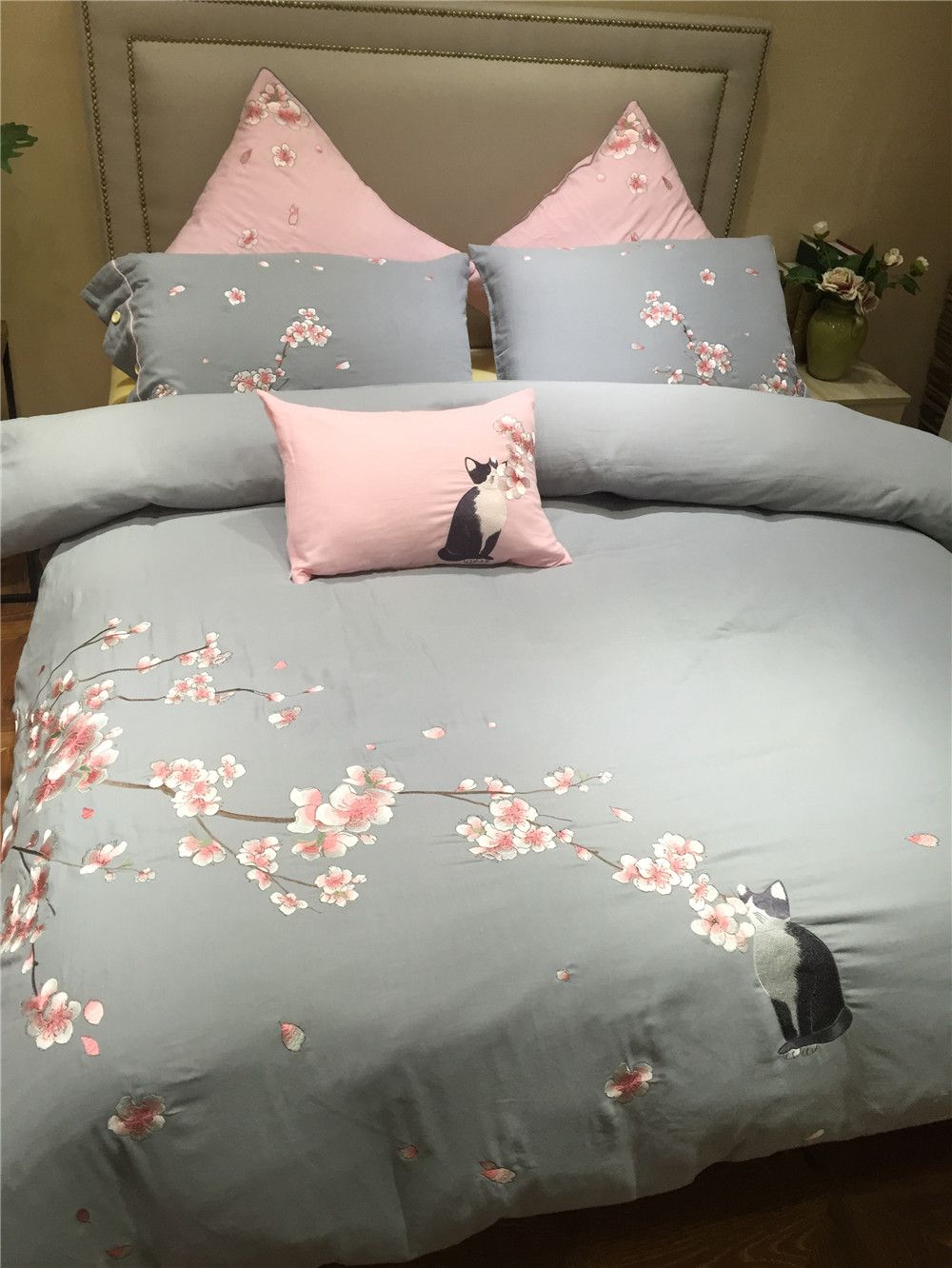 100 Cotton Super Soft Double Layer Gauze Fabric Grey Color Bedding 100 Cotton Super Soft Double Layer Gauze Fabric Grey Color Bedding Sets With Cherry Blossom And Cat Embroidered Bed Covers Full Comforter