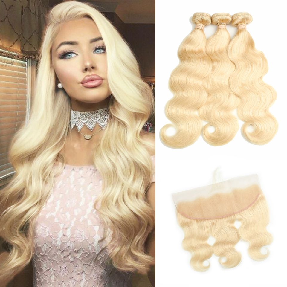 613 Blonde Hair Body Wave Bundles With Lace Frontal Honey Blonde