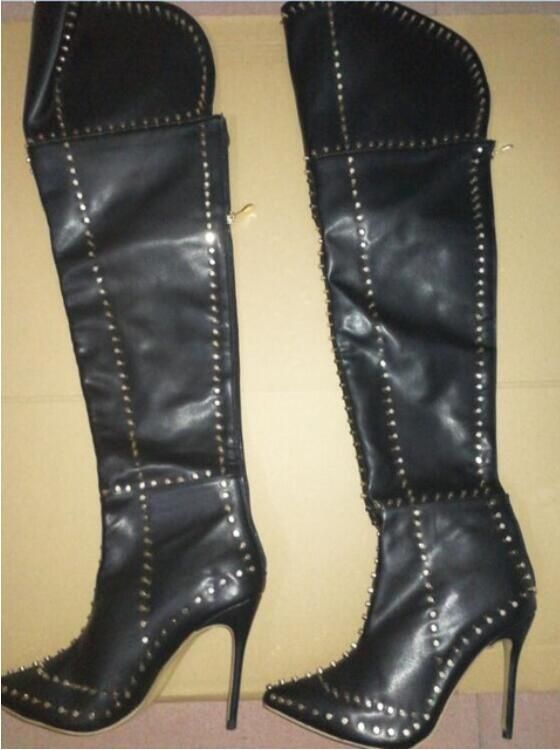 New Arrival Thigh High Motorcycle Boots Fashion Thin High Heels Studded