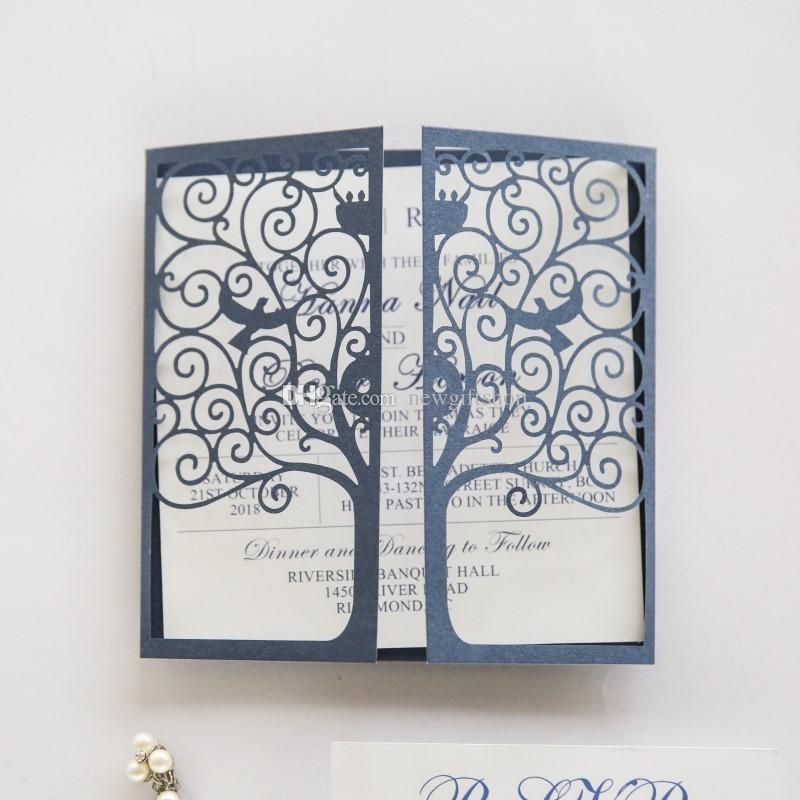 elegant navy blue laser cut wedding invitations cards love tree