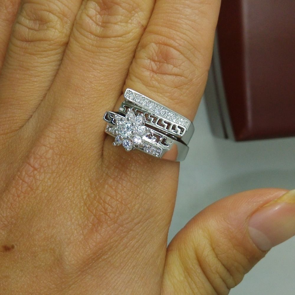 Antique Women Flower Diamonique CZ White Gold Filled Wedding Finger Band Ring