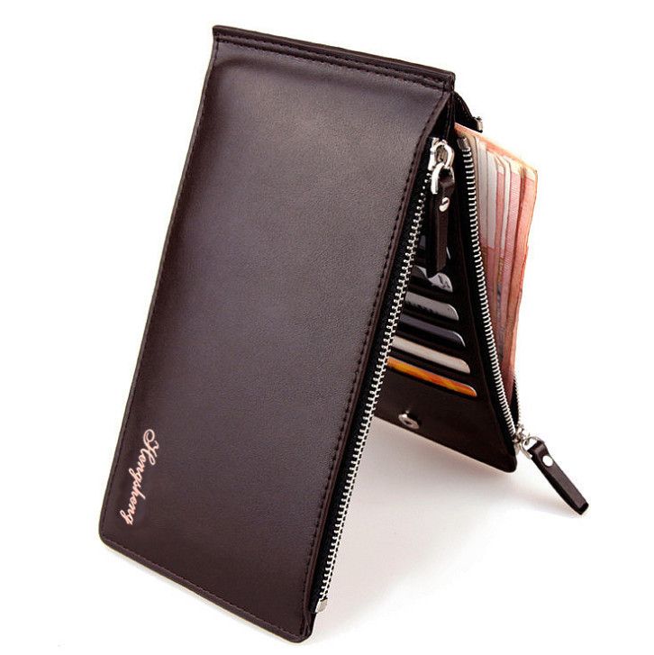 Mens Leather Bifold Wallet Organizer Checkbook Card Case Slim Wallet Zipper Long Clutch Wallet ...