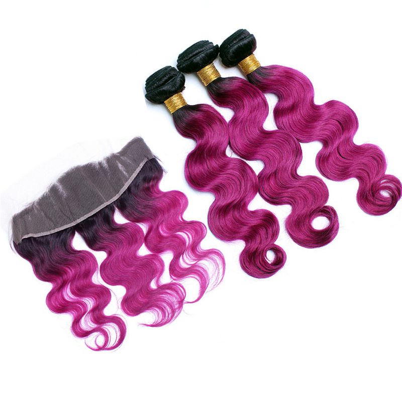 2019 Two Tone 1b Pink Ombre Hair Bundles With Lace Frontal Closure