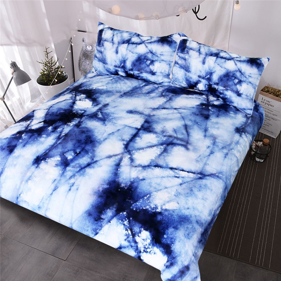 Bedding Set Abstract Marble Texture Bedclothes Natural Stone Pattern Duvet Cover Watercolor Blue White Bed
