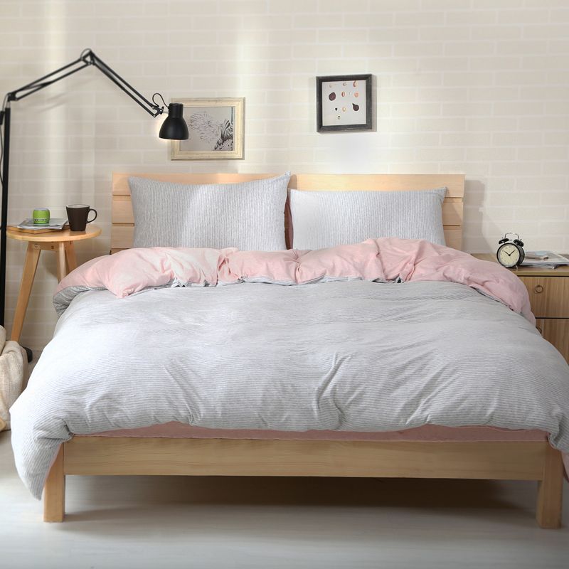 2018 Grey Stripes Pink Duvet Cover Set Knit Cotton Bedding Set