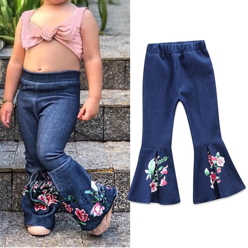 2018 Spring Kids Girls Denim Flower Pants Baby Girls Embroidery Floral