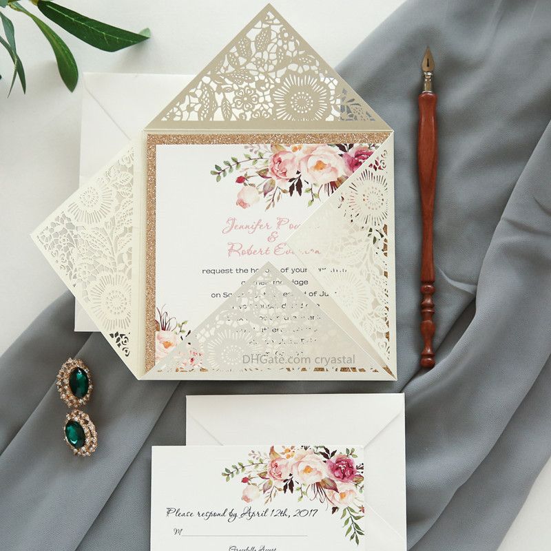 2019 bohemian rustic spring flower glittery rose gold laser cut free customized invitations