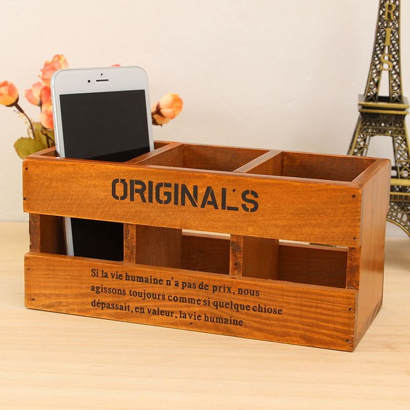 Handmade Desk Storage Boxes Debris Organizer Box Remote Control Case Phone Wood Shelf Hollow Pen Holder