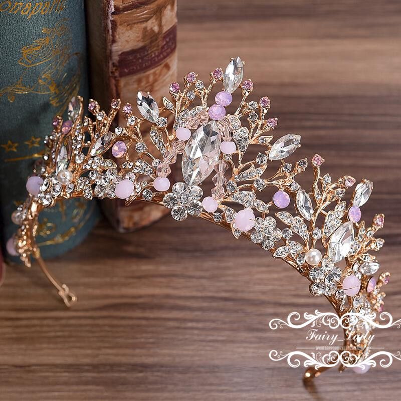 Sparkling Pink Silver Rhinestone Crowns Headpieces For Pageant