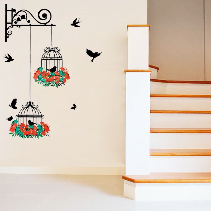 flower birdcage wall sticker decal flying birds plants butterfly