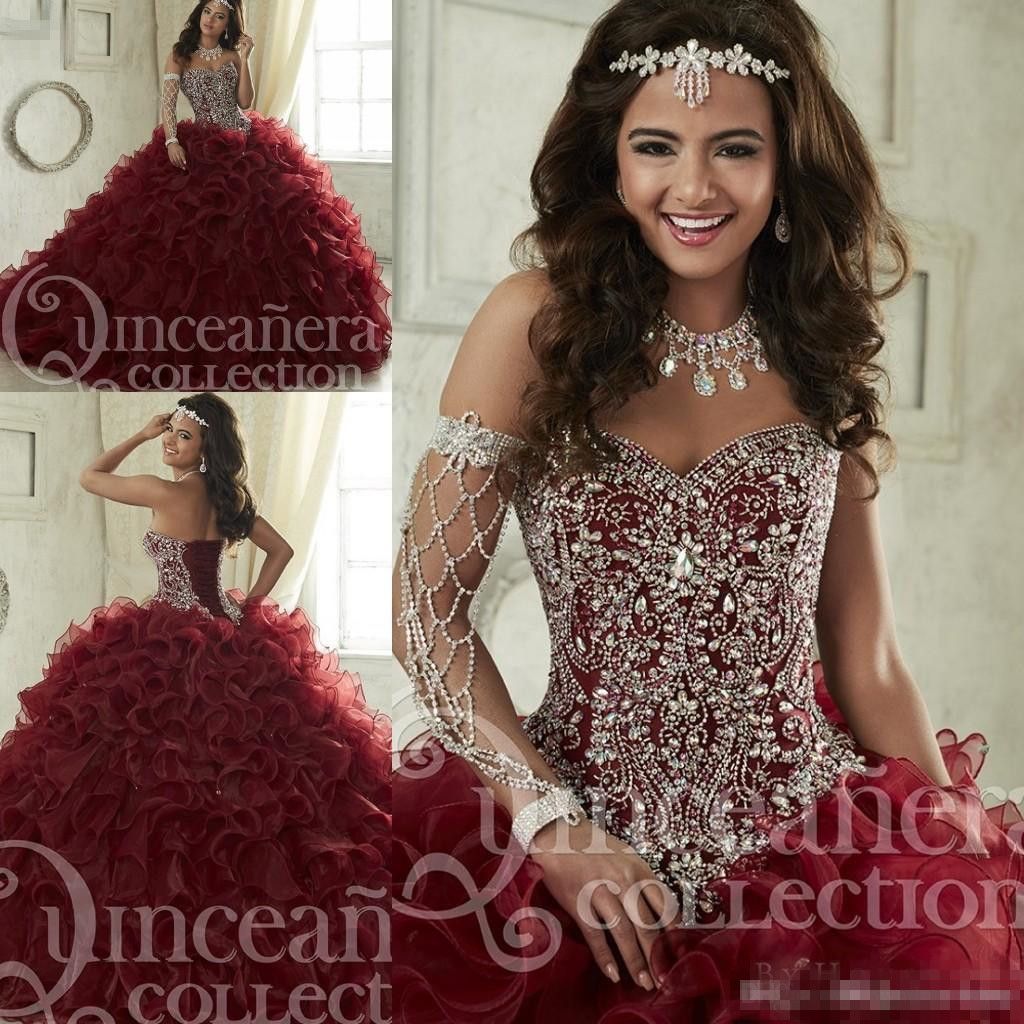 Maroon Quinceanera Dresses 2017 Sweep Train Tiered Cascading Ruffles
