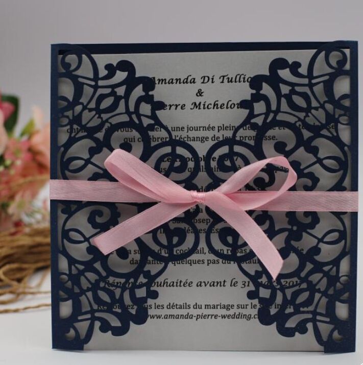 2018 european classic navy blue blush pink laser cut wedding invites