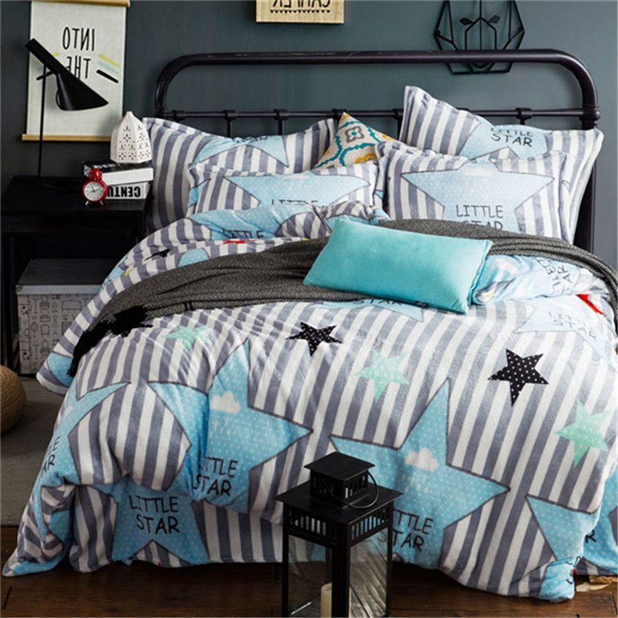 British Style Stripe Stars Flannel Bed Linen Set Winter Warm Bedding British Style Stripe Stars Flannel Bed Linen Set Winter Warm Bedding Sets Bedclothes Twin Queen King Size Duvet Cover Sheets Comforter