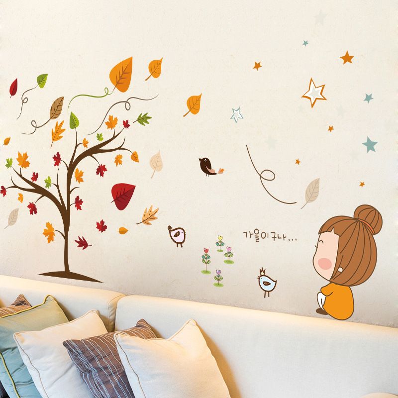 maple deciduous bird little girl cartoon wall stickers kids room