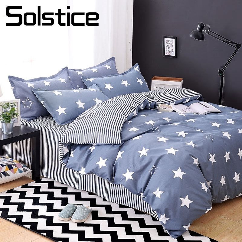 Solstice Home Textile Child Teen Boy Bedding Set Blue Stripe Star Solstice Home Textile Child Teen Boy Bedding Set Blue Stripe Star Duvet Quilt Cover Pillow Case Sheet Girl Bed Linens Suit Custom Covers Satin