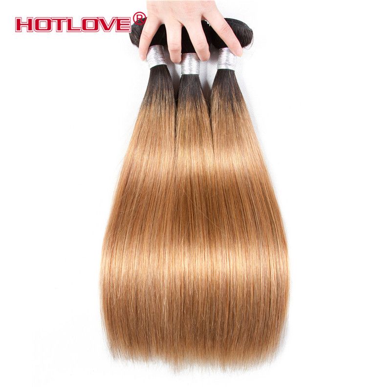 Brazilian Ombre Hair Straight 3 Bundles 100 Human Hair Weaves Bundle Two Tone Color Ombre T1b 27 Dark Roots Top Blonde End Wholesale Remy Hair