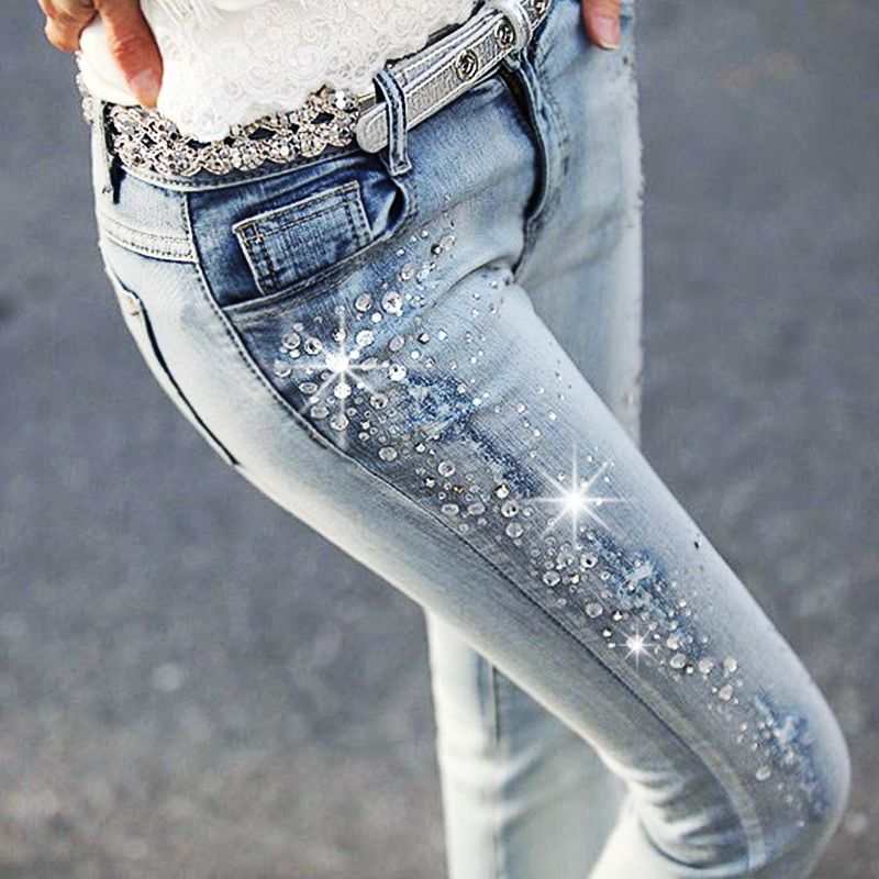 2019 Sequin Jeans With Rhinestones Women Lady Jeans Slim Waist Elastic