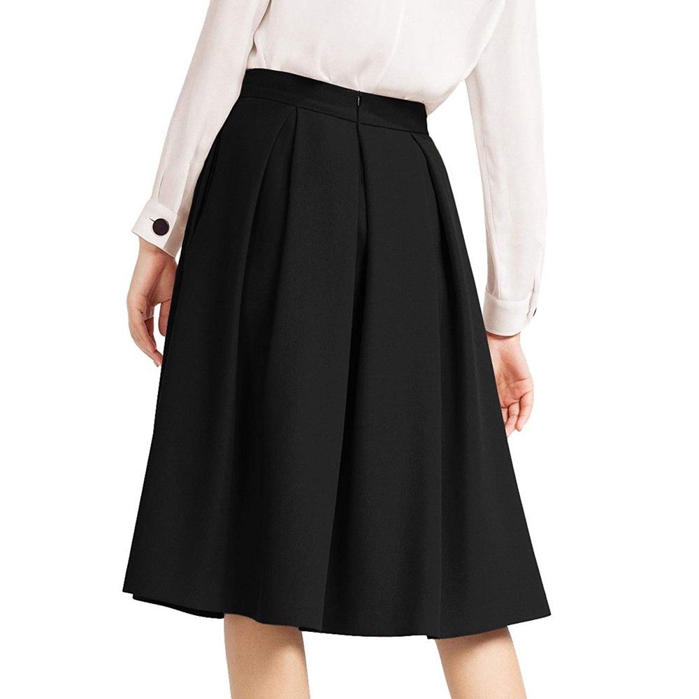 Faldas Femme Jupe Noir Élégant Évasées Mode Mujer Moda Haute Genou Longueur Taille Dames Jupes Plis Femmes T1ulFJ3Kc