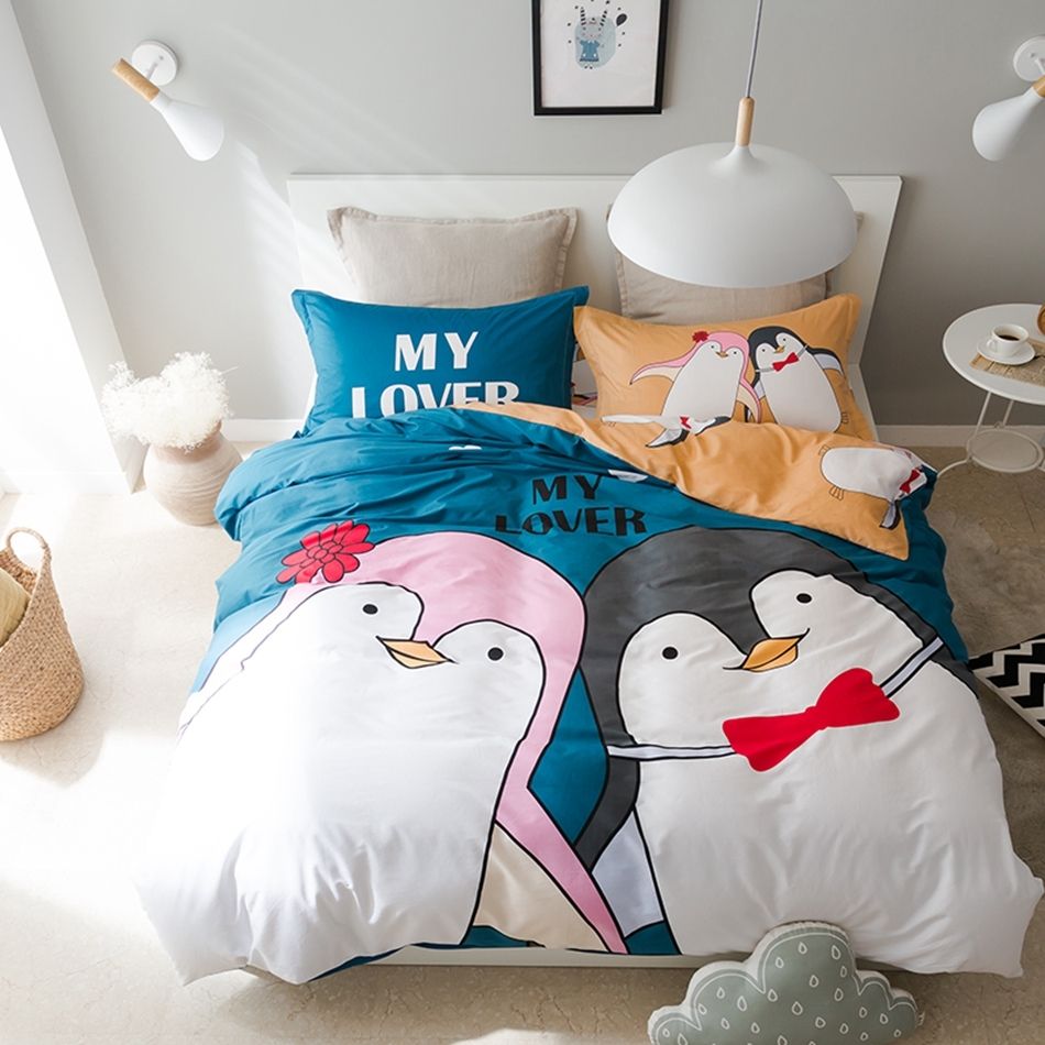 100 Cotton Penguin Duvet Cover Set Twin Queen Size Bedding For Children Cartoon Soft Bed Sheets Blue Pillow Case 100 Cotton Penguin Duvet Cover Set Twin Queen Size Bedding For Children Cartoon Soft Bed Sheets Blue Pillow Case Bedspreads And Comforters