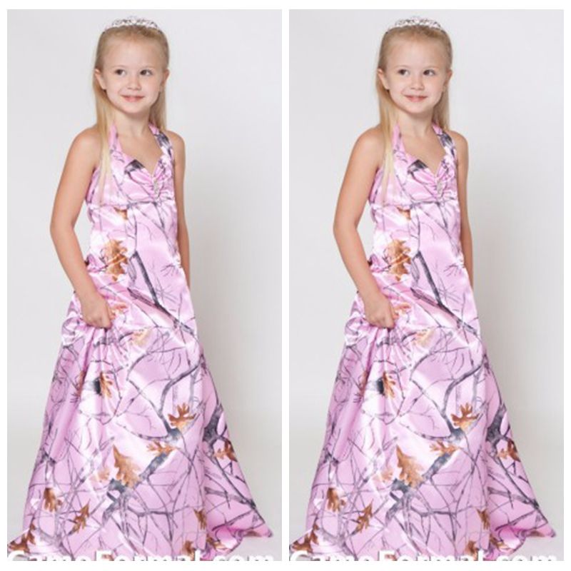 Full Pink Camo Long ALine Flower Girl Dresses Custom 2018 Top Sale