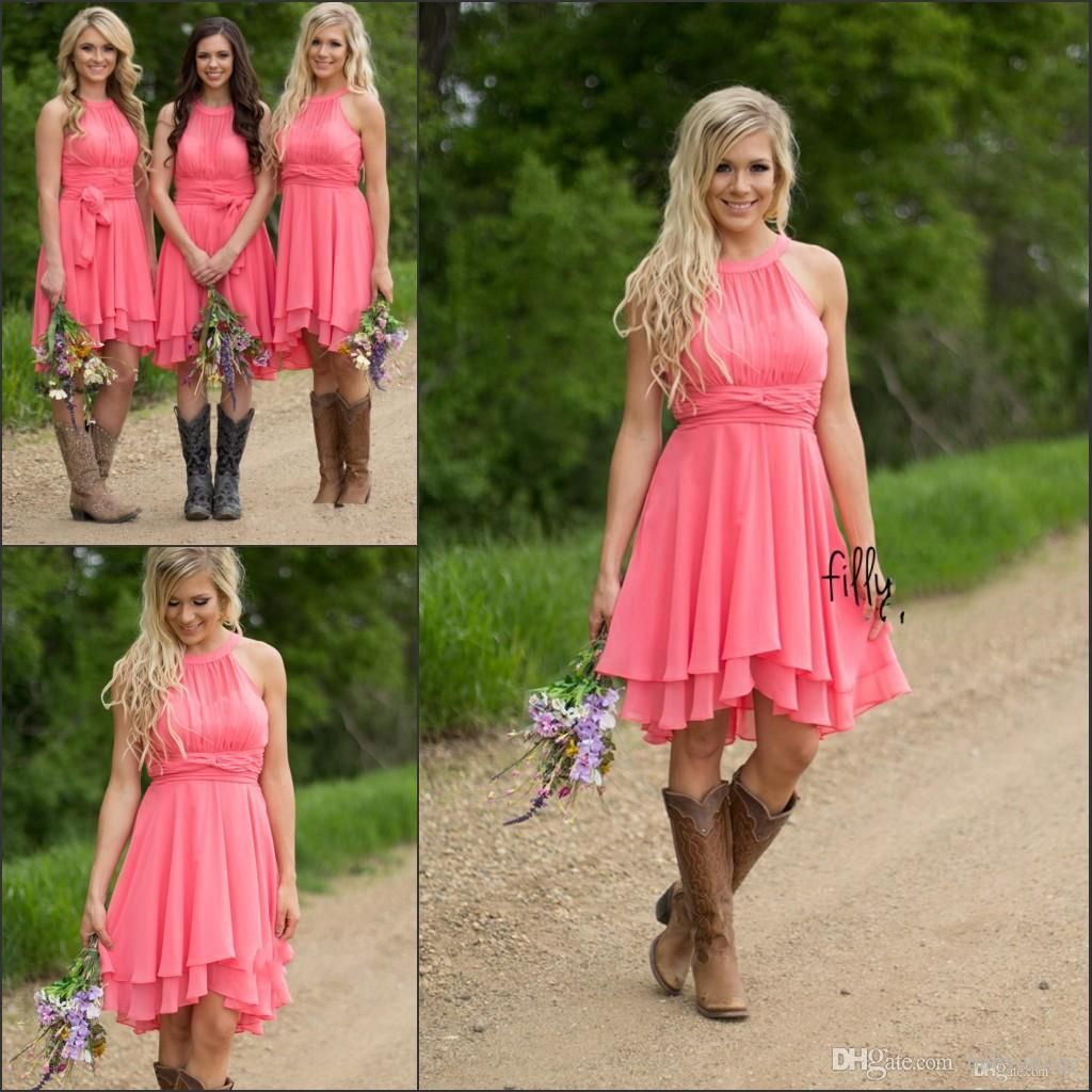 2019 Country Style Short Coral Bridesmaid Dresses High Low Cheap Halter ...
