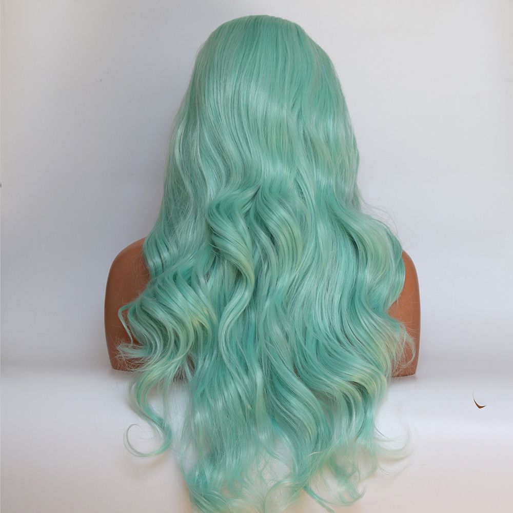 20-24 '' Pastel Yeşil Kabarık Kıvırcık Tutkalsız Sentetik Dantel Ön Peruk Uzun Yumuşak kadın Saç Isıya Dayanıklı Fiber Saç
