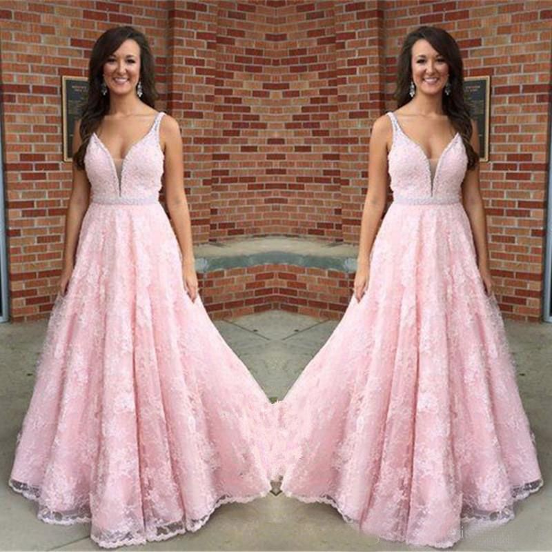 Compra Rosa Vestido De Baile Vestidos Largos 2017 Una Línea De Encaje Sin  Mangas Profundo Con Cuello En V Correas Con Perlas Dama De Honor Formal Vestido  De Noche Vestidos De Fiesta
