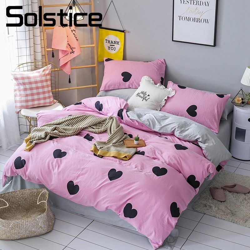 Solstice Home Textile 3 Bedding Set Girl Kid Teen Bed Linen Heart Solstice Home Textile 3 Bedding Set Girl Kid Teen Bed Linen Heart Pink Duvet Cover Pillowcase Gray Sheet Single Double Size Sets Brown